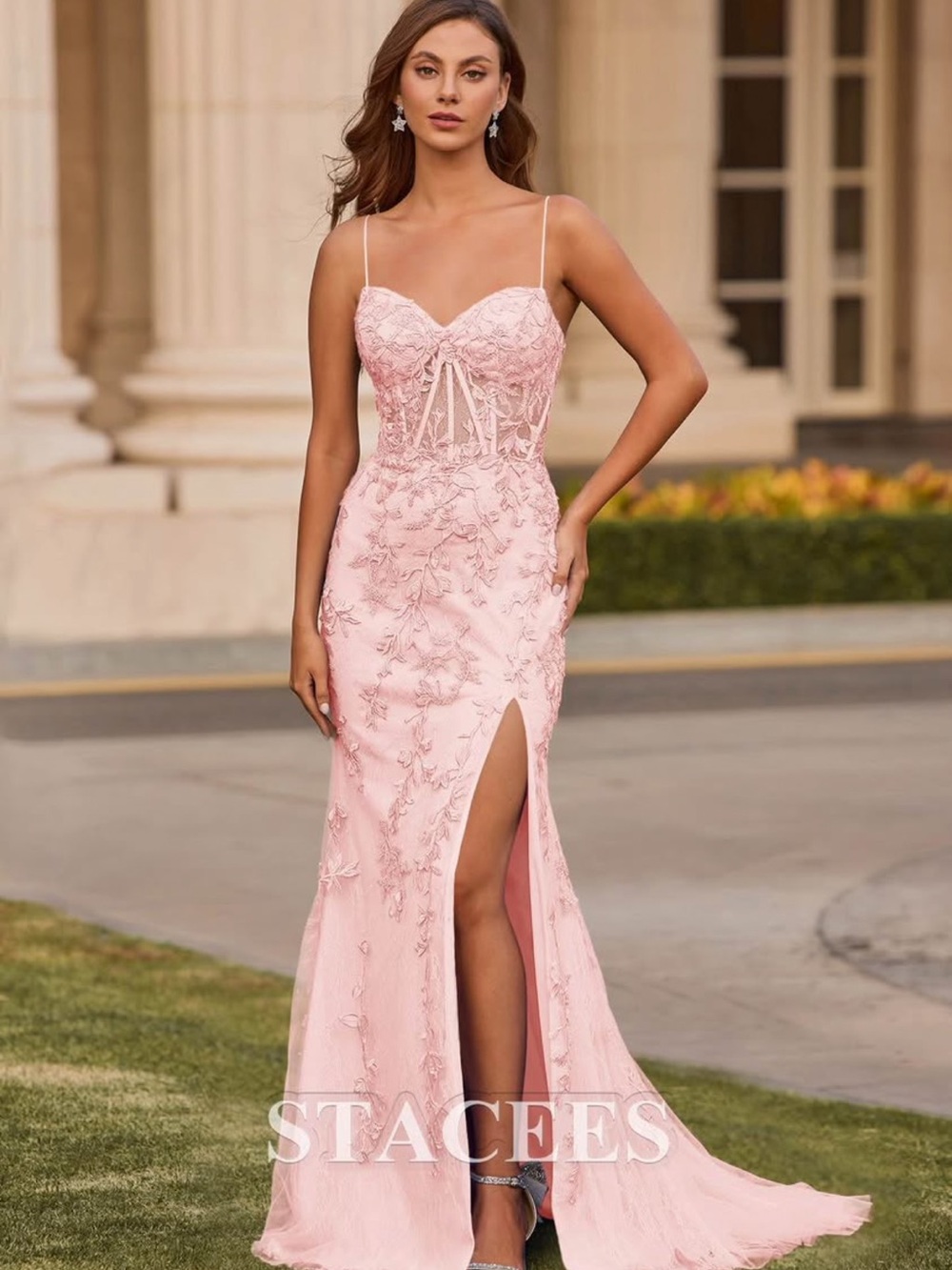 Stacees Pink Lace Appliqué Spaghetti-Strap Prom Dress with Thigh Slit
